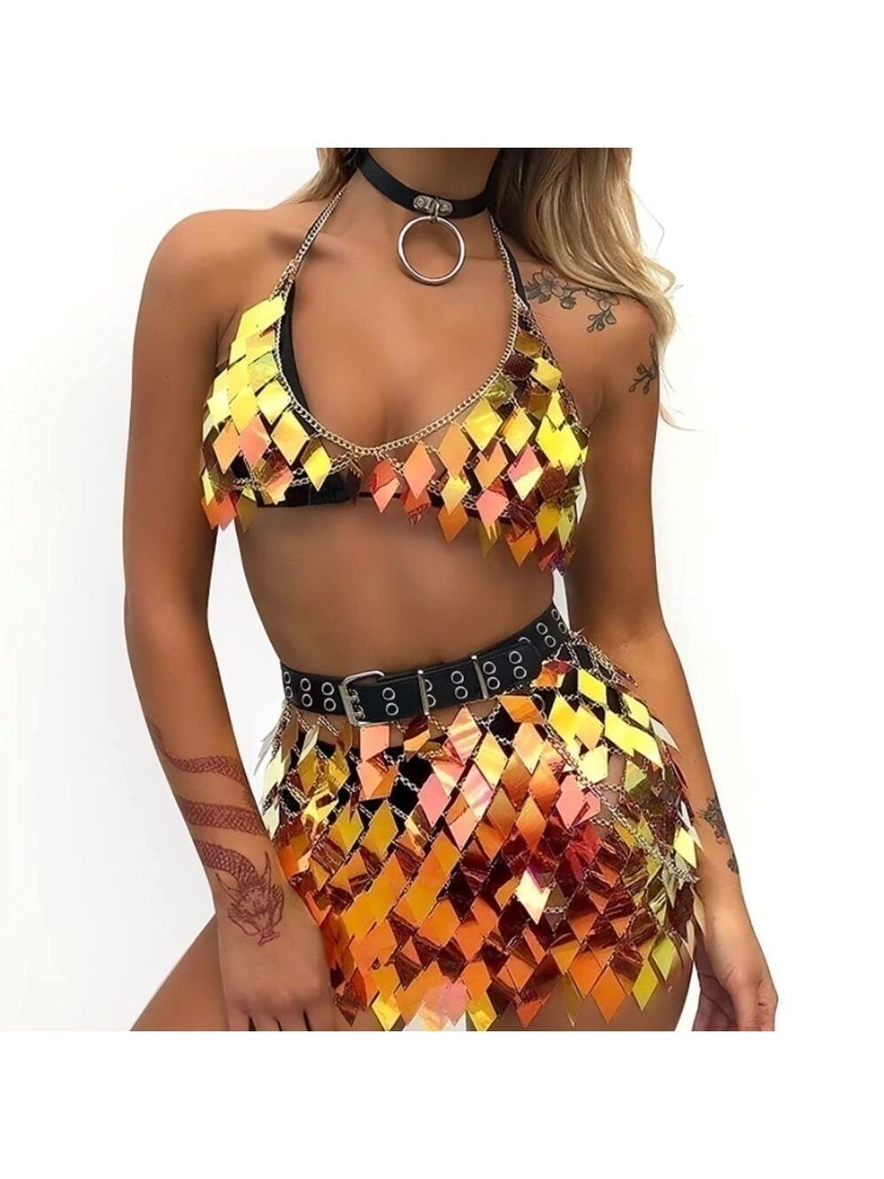 SEQUINS Tassels Body Chain Gold Bra Skirt Set Sexy Bikini Rave Festival Party